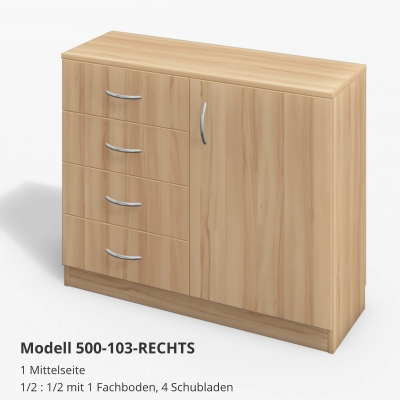 1 Mittelseite1/2 : 1/2 mit 1 Fachboden, 4 Schubladen Modell 500-103-RECHTS