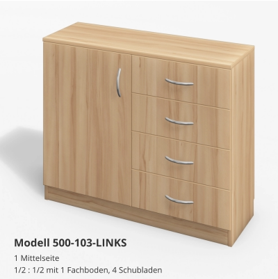 1 Mittelseite1/2 : 1/2 mit 1 Fachboden, 4 Schubladen Modell 500-103-LINKS