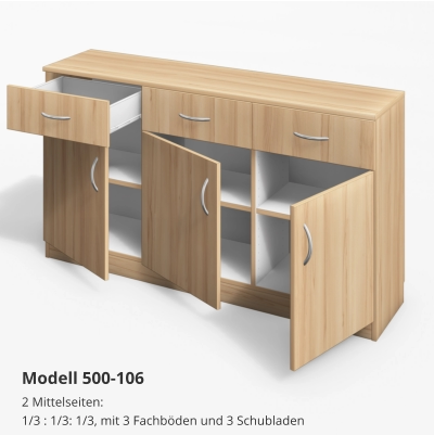 2 Mittelseiten:1/3 : 1/3: 1/3, mit 3 Fachböden und 3 Schubladen Modell 500-106
