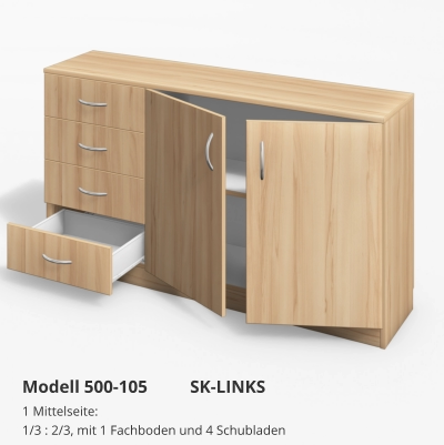 1 Mittelseite:1/3 : 2/3, mit 1 Fachboden und 4 Schubladen Modell 500-105		SK-LINKS