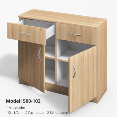 1 Mittelseite1/2 : 1/2 mit 2 Fachböden, 2 Schubladen Modell 500-102