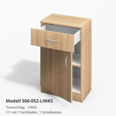 Türanschlag:	LINKS1/1 mit 1 Fachboden, 1 Schubkasten Modell 500-052-LINKS