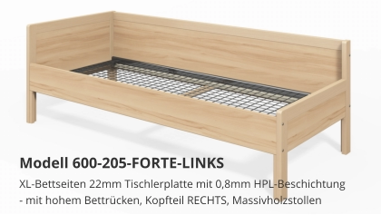 XL-Bettseiten 22mm Tischlerplatte mit 0,8mm HPL-Beschichtung- mit hohem Bettrücken, Kopfteil RECHTS, Massivholzstollen Modell 600-205-FORTE-LINKS