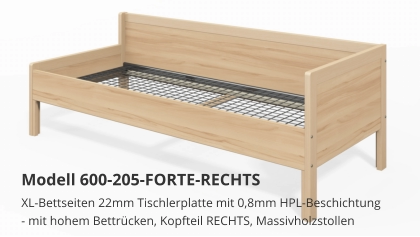 XL-Bettseiten 22mm Tischlerplatte mit 0,8mm HPL-Beschichtung- mit hohem Bettrücken, Kopfteil RECHTS, Massivholzstollen Modell 600-205-FORTE-RECHTS