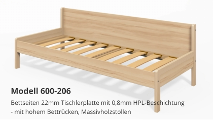 Bettseiten 22mm Tischlerplatte mit 0,8mm HPL-Beschichtung- mit hohem Bettrücken, Massivholzstollen Modell 600-206