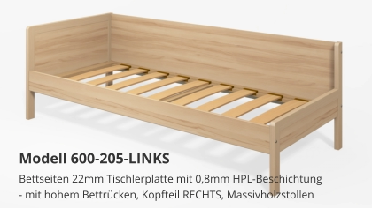 Bettseiten 22mm Tischlerplatte mit 0,8mm HPL-Beschichtung- mit hohem Bettrücken, Kopfteil RECHTS, Massivholzstollen Modell 600-205-LINKS