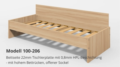 Bettseite 22mm Tischlerplatte mit 0,8mm HPL-Beschichtung- mit hohem Bettrücken, offener Sockel Modell 100-206