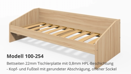 Bettseiten 22mm Tischlerplatte mit 0,8mm HPL-Beschichtung- Kopf- und Fußteil mit gerundeter Abschrägung, offener Sockel Modell 100-254