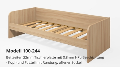 Bettseiten 22mm Tischlerplatte mit 0,8mm HPL-Beschichtung- Kopf- und Fußteil mit Rundung, offener Sockel Modell 100-244