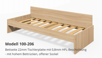 Bettseite 22mm Tischlerplatte mit 0,8mm HPL-Beschichtung- mit hohem Bettrücken, offener Sockel Modell 100-206