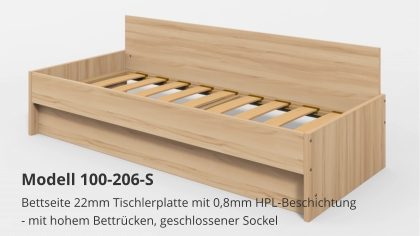 Bettseite 22mm Tischlerplatte mit 0,8mm HPL-Beschichtung- mit hohem Bettrücken, geschlossener Sockel Modell 100-206-S