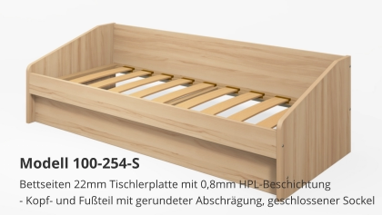 Bettseiten 22mm Tischlerplatte mit 0,8mm HPL-Beschichtung- Kopf- und Fußteil mit gerundeter Abschrägung, geschlossener Sockel Modell 100-254-S