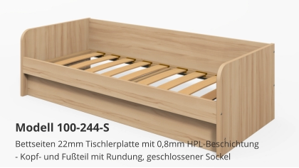 Bettseiten 22mm Tischlerplatte mit 0,8mm HPL-Beschichtung- Kopf- und Fußteil mit Rundung, geschlossener Sockel Modell 100-244-S