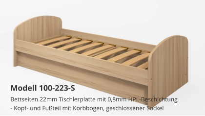 Bettseiten 22mm Tischlerplatte mit 0,8mm HPL-Beschichtung- Kopf- und Fußteil mit Korbbogen, geschlossener Sockel Modell 100-223-S