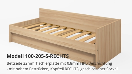 Bettseite 22mm Tischlerplatte mit 0,8mm HPL-Beschichtung- mit hohem Bettrücken, Kopfteil RECHTS, geschlossener Sockel Modell 100-205-S-RECHTS