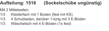 Aufteilung: 1516	(Sockelschübe ungünstig)  Mit 2 Mittelseiten:1/3	Kleiderfach mit 1 Boden (fest mit KS)1/3	4 Schubladen, darüber 1-türig mit 3 E-Böden1/3	Wäschefach mit 4 E-Böden (1x fest)